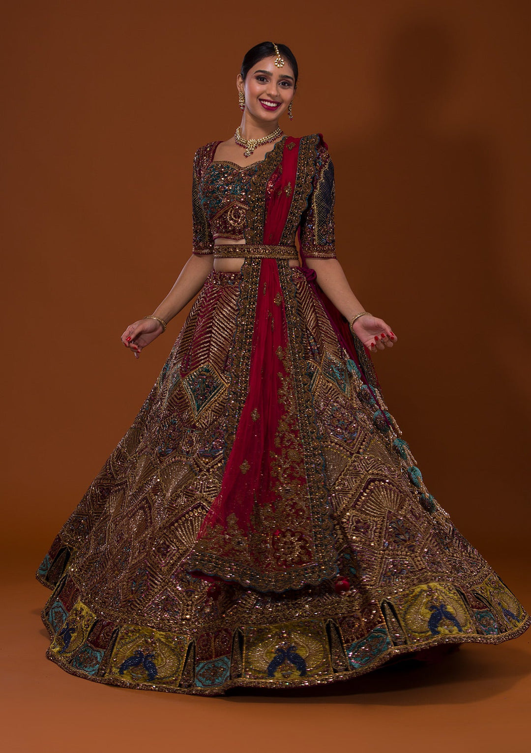Maroon Cutdana Net Lehenga-Koskii