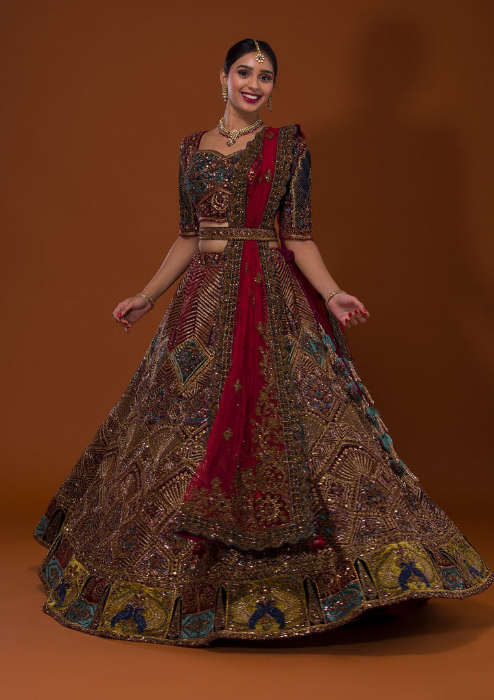 Maroon Cutdana Net Lehenga-Koskii