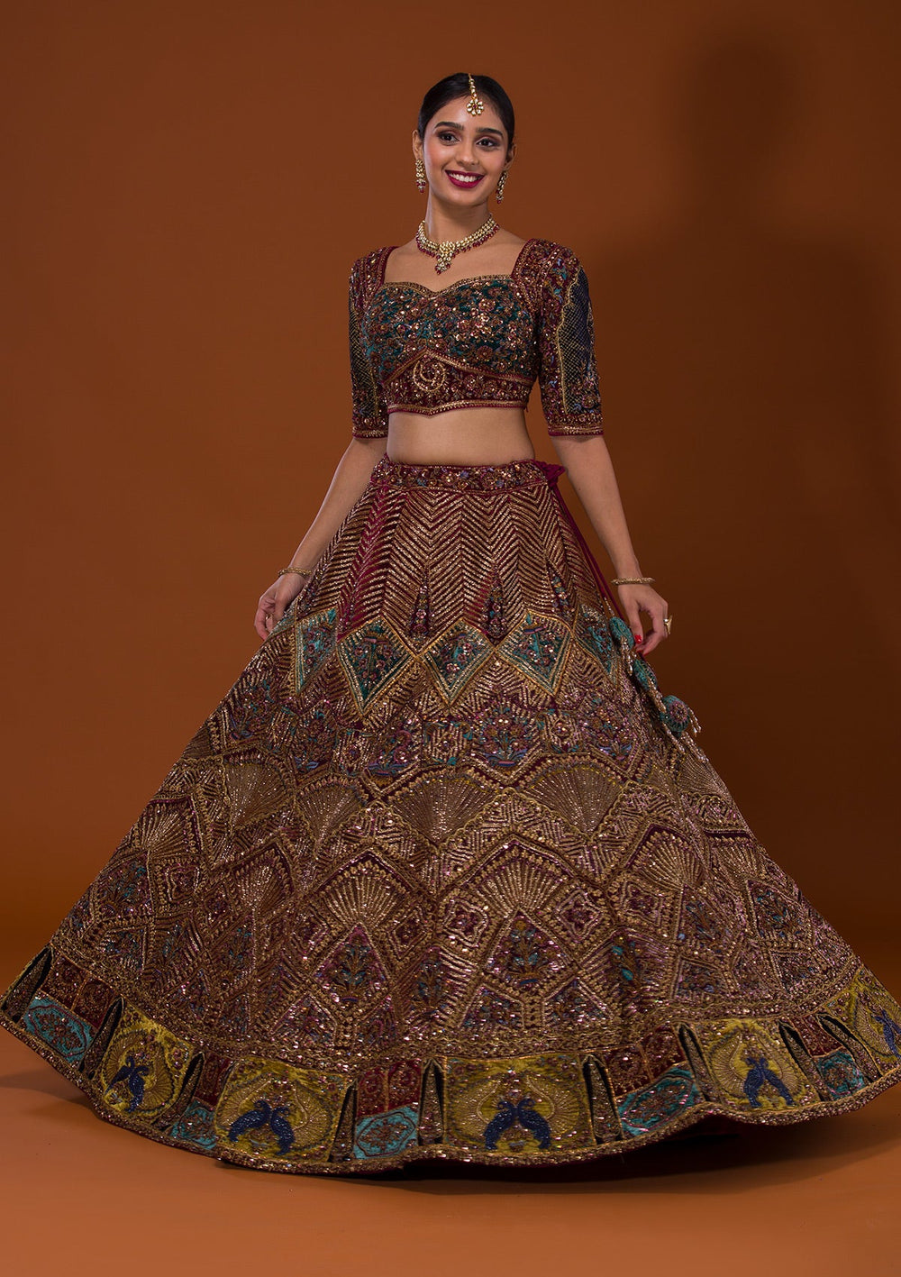 Maroon Cutdana Net Lehenga-Koskii