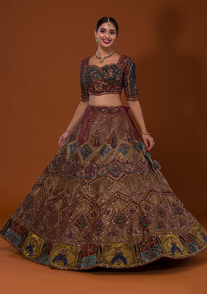 Maroon Cutdana Net Lehenga-Koskii
