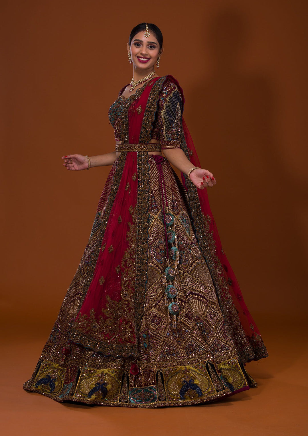Maroon Cutdana Net Lehenga-Koskii