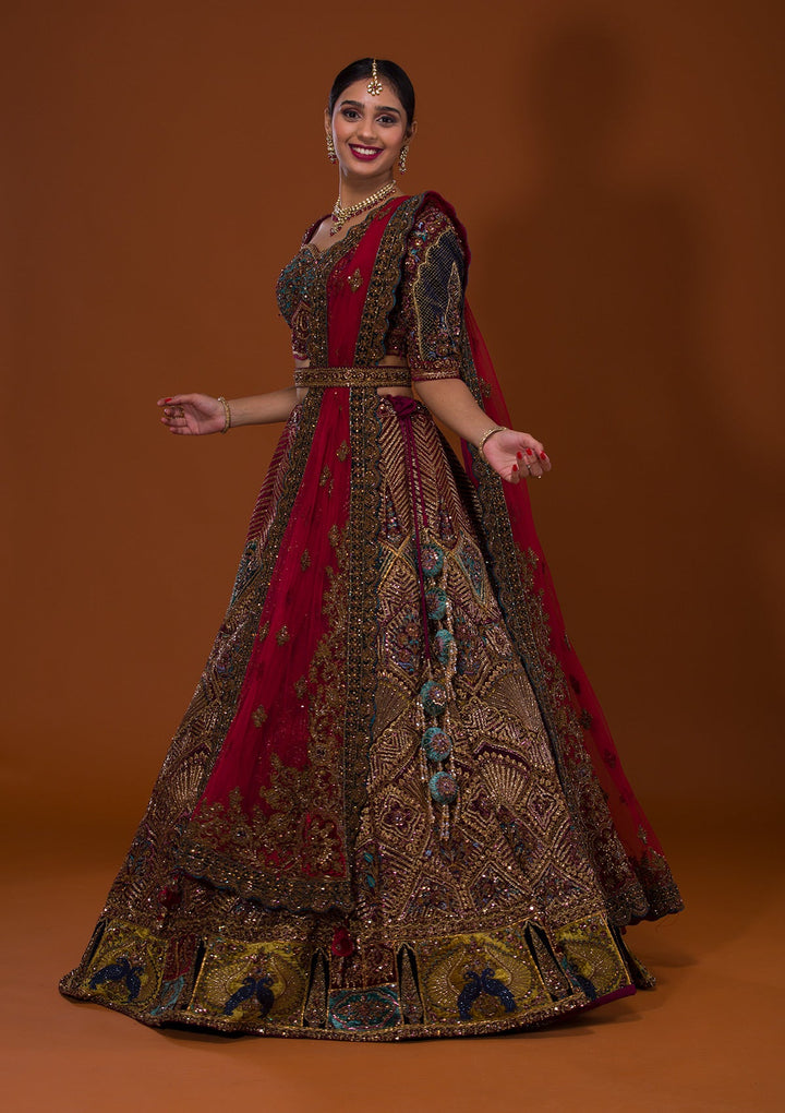 Maroon Cutdana Net Lehenga-Koskii