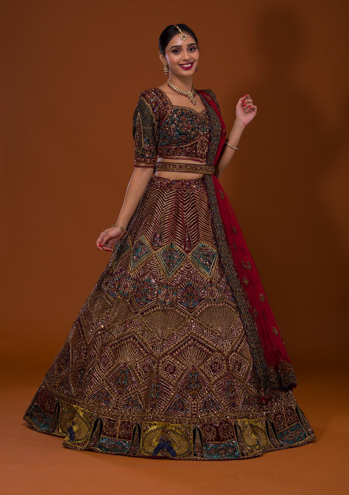 Maroon Cutdana Net Lehenga-Koskii