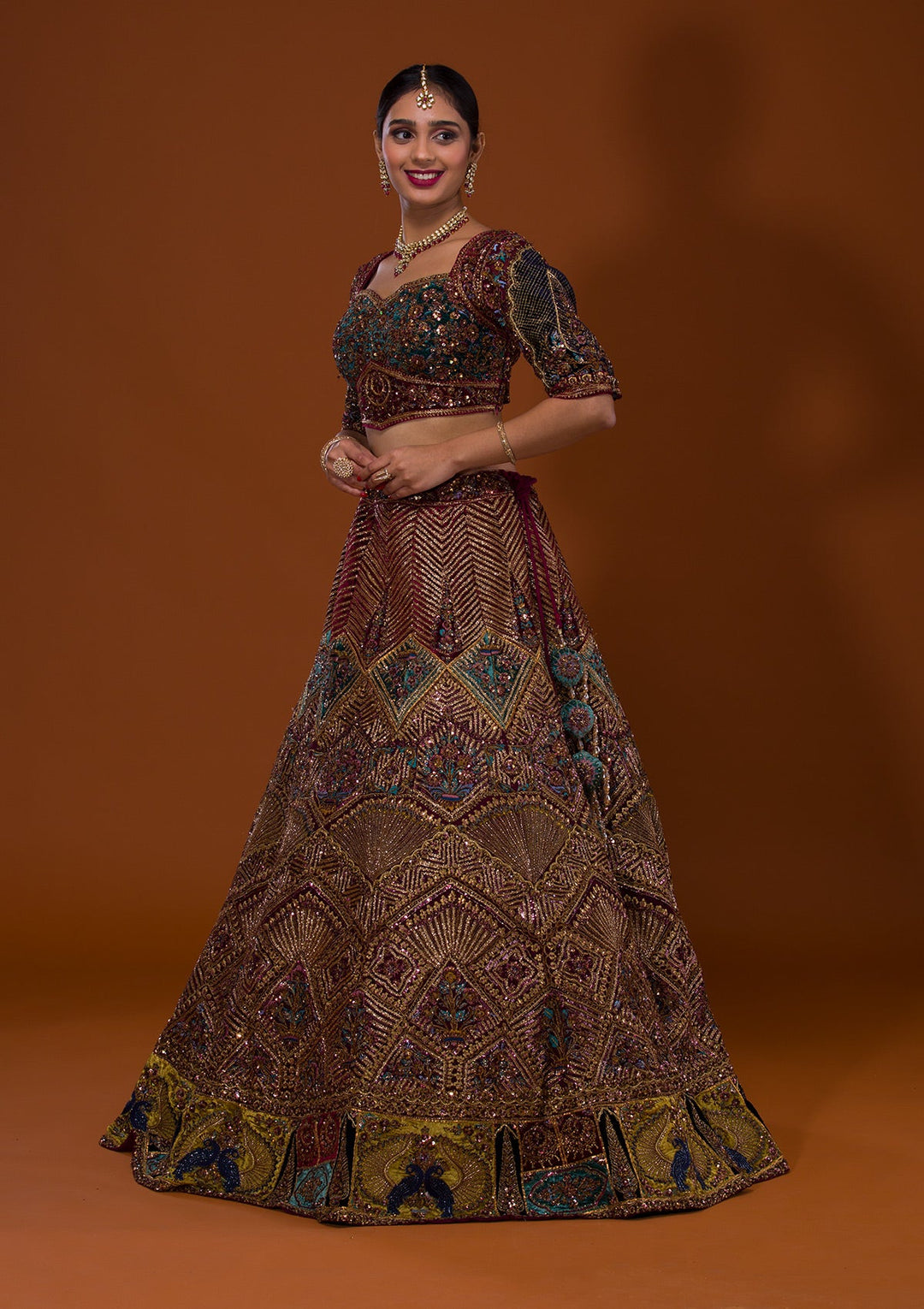 Maroon Cutdana Net Lehenga-Koskii