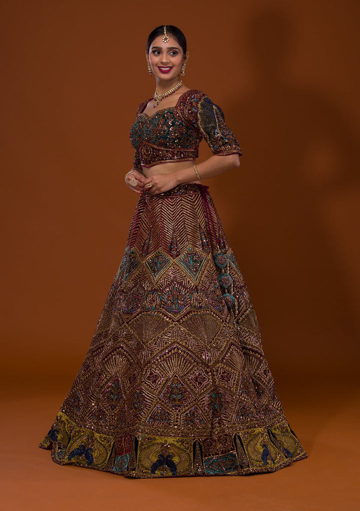 Maroon Cutdana Net Lehenga-Koskii