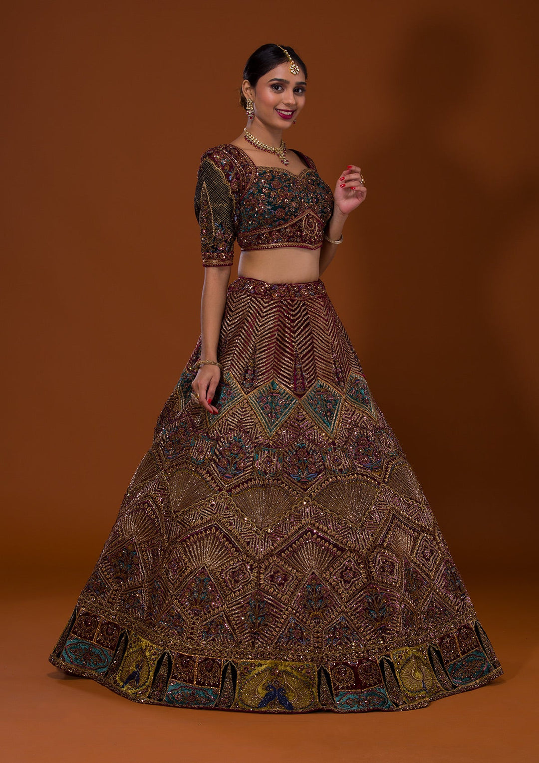 Maroon Cutdana Net Lehenga-Koskii