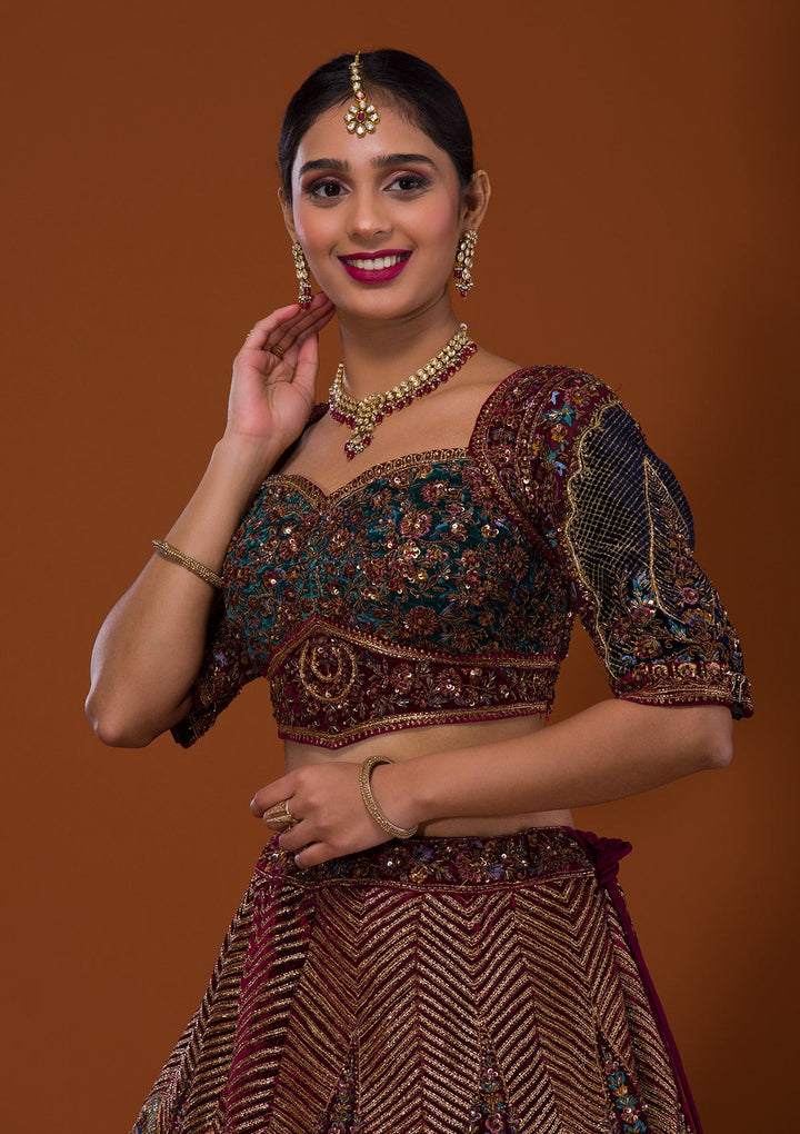 Maroon Cutdana Net Lehenga-Koskii