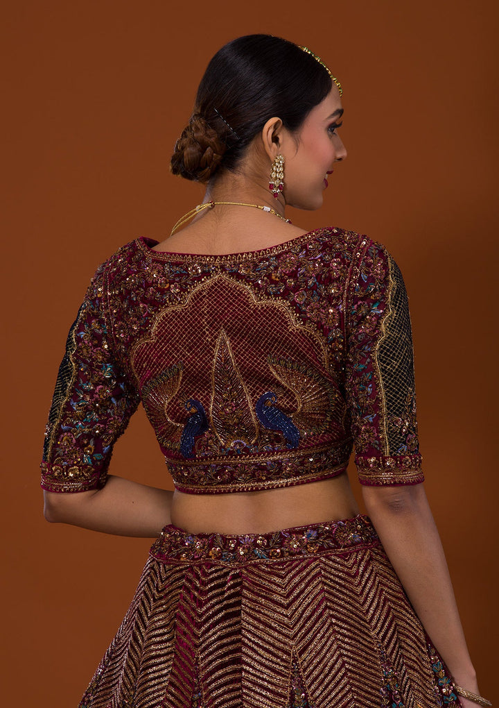 Maroon Cutdana Net Lehenga-Koskii