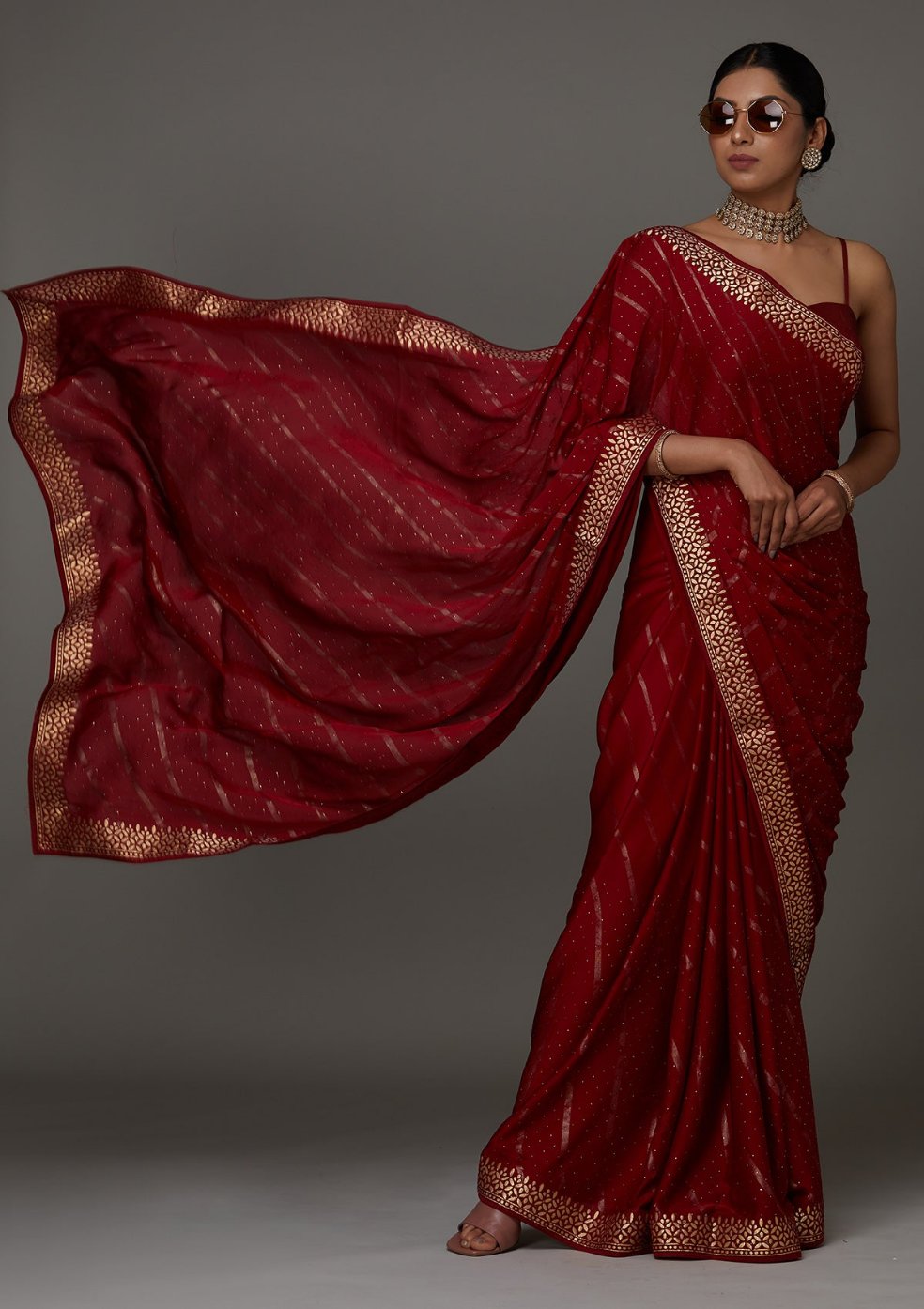 Maroon Gotapatti Shimmer Saree- Koskii