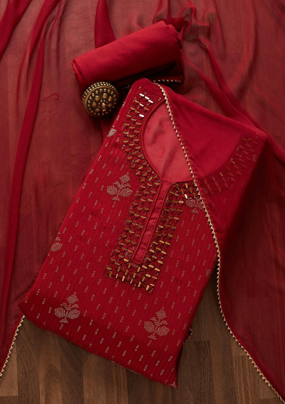 Maroon Mirrorwork Georgette Designer Semi-Stitched Salwar Suit - Koskii