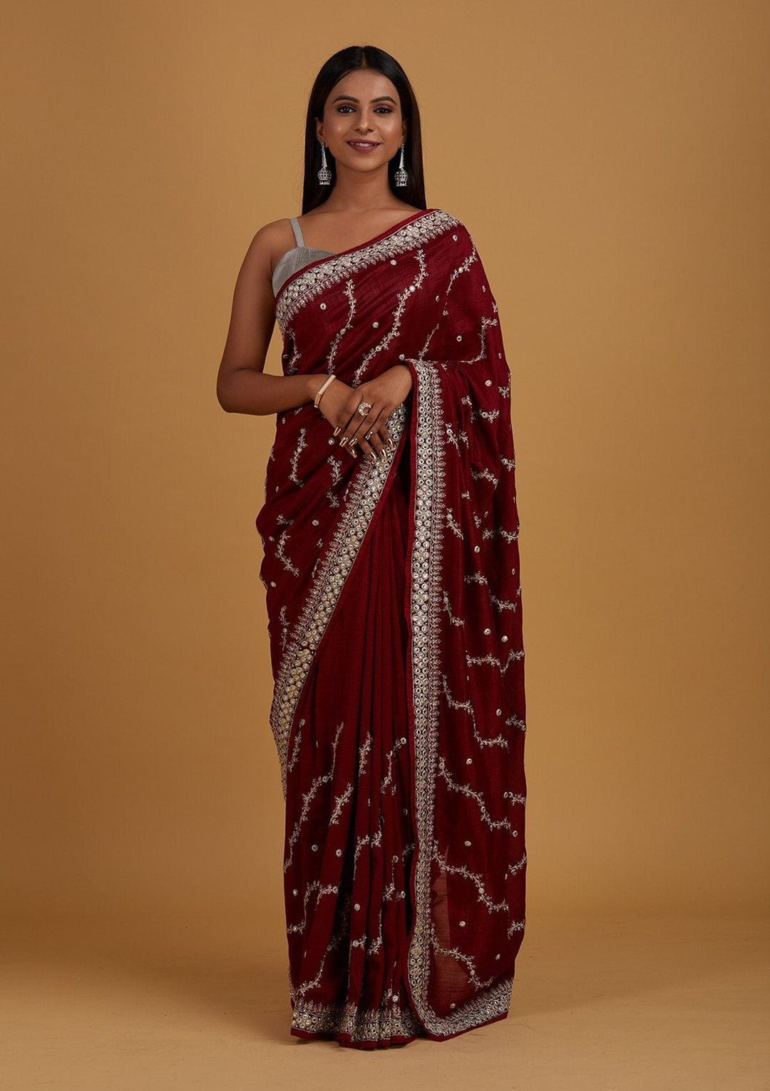 Maroon Silver Zariwork Raw Silk Designer Saree - Koskii