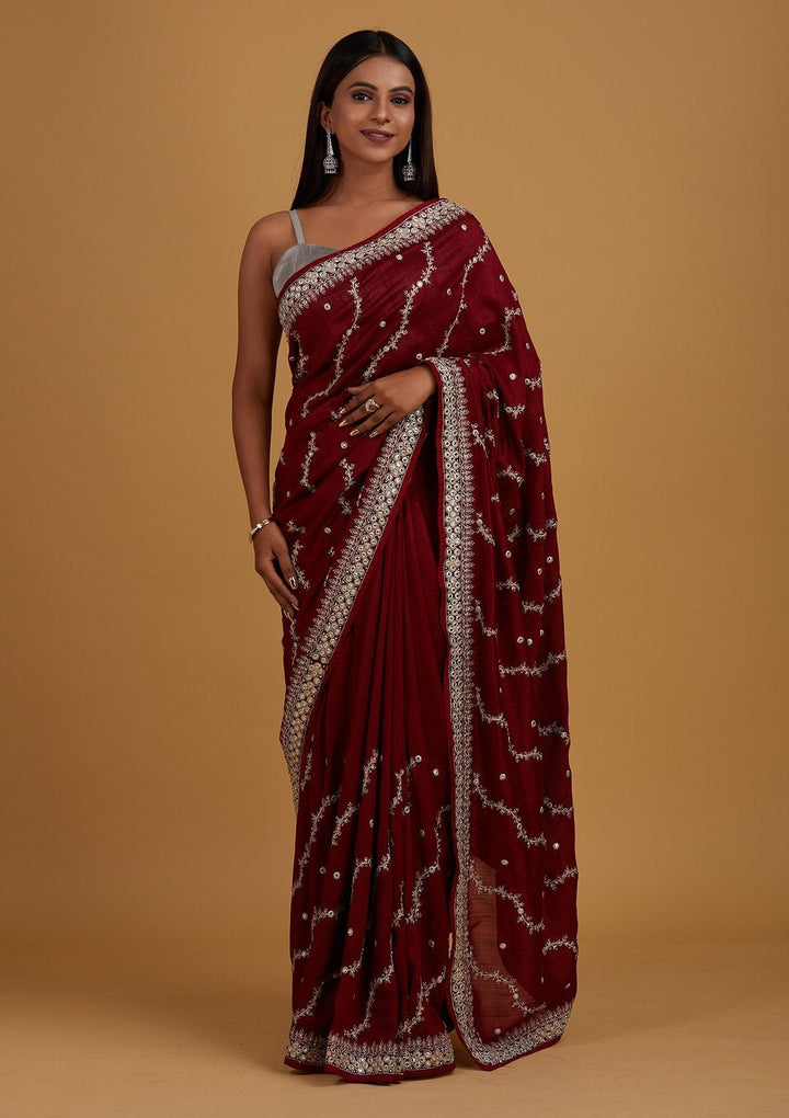 Maroon Silver Zariwork Raw Silk Designer Saree - Koskii