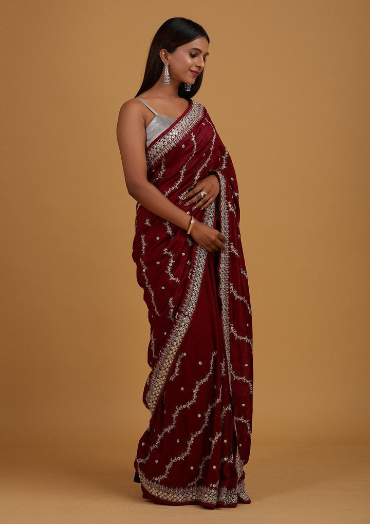 Maroon Silver Zariwork Raw Silk Designer Saree - Koskii