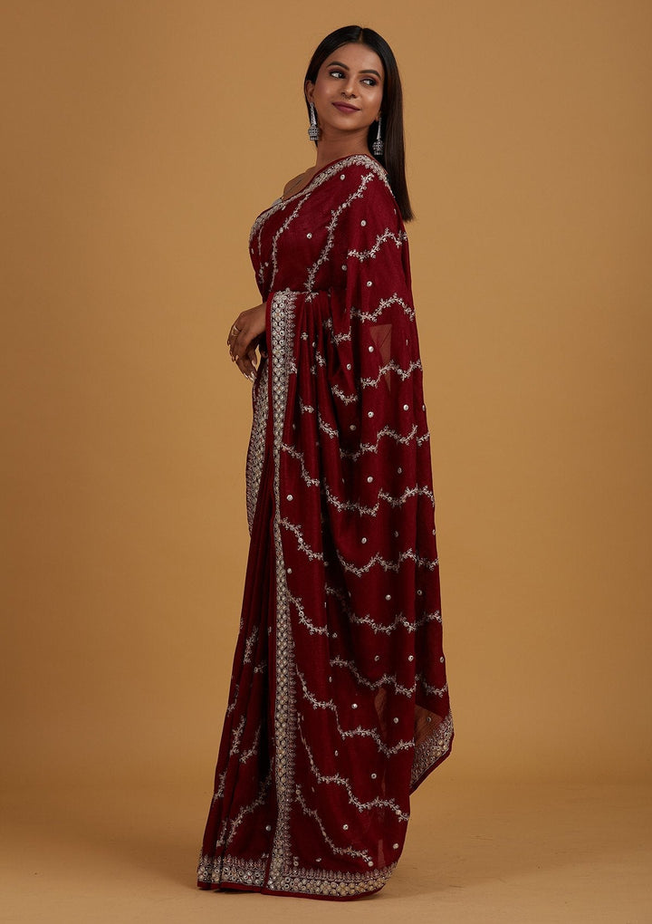 Maroon Silver Zariwork Raw Silk Designer Saree - Koskii