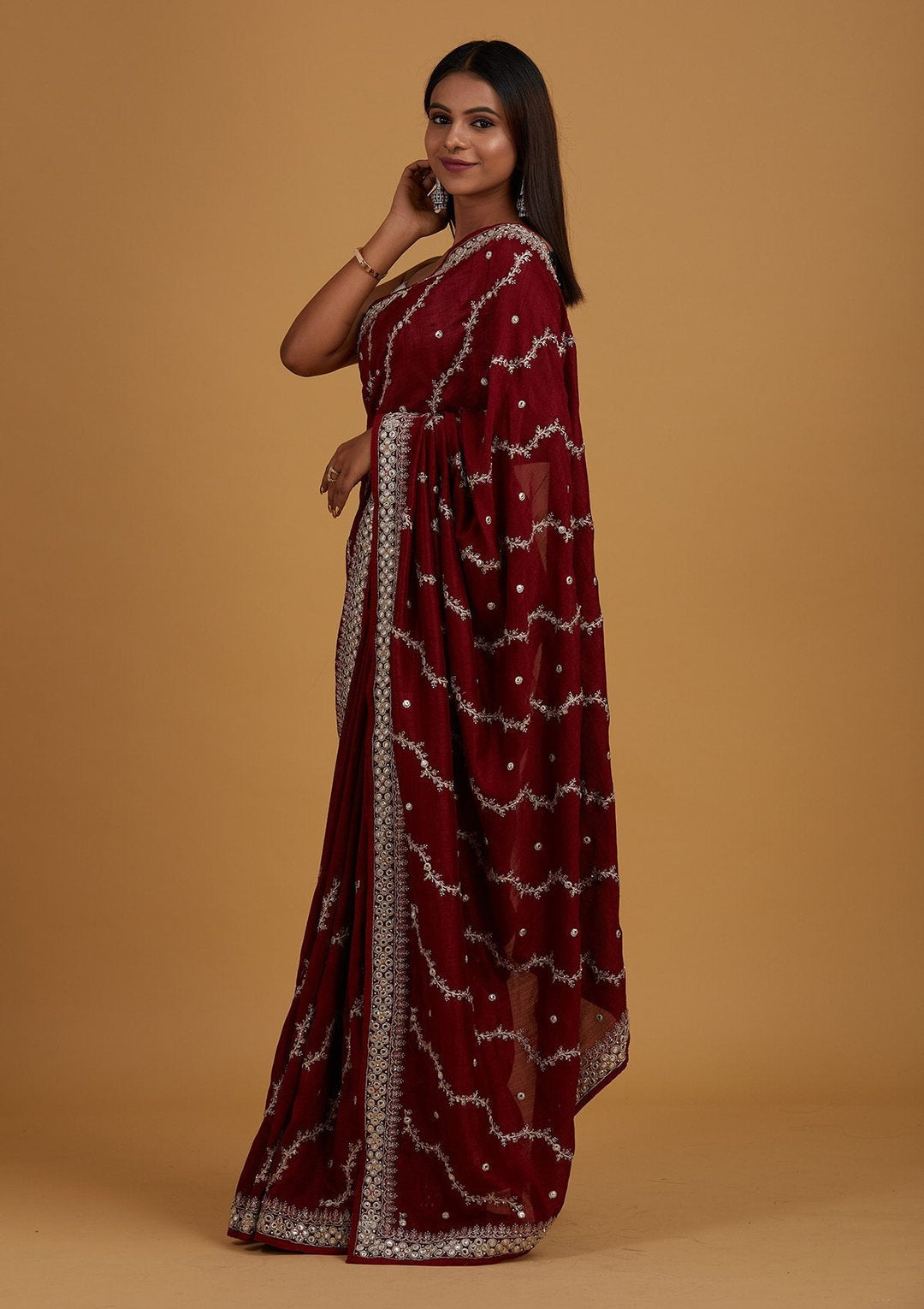 Maroon Silver Zariwork Raw Silk Designer Saree - Koskii