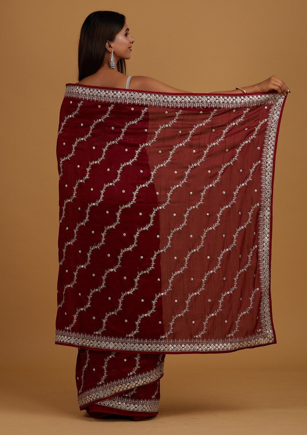Maroon Silver Zariwork Raw Silk Designer Saree - Koskii