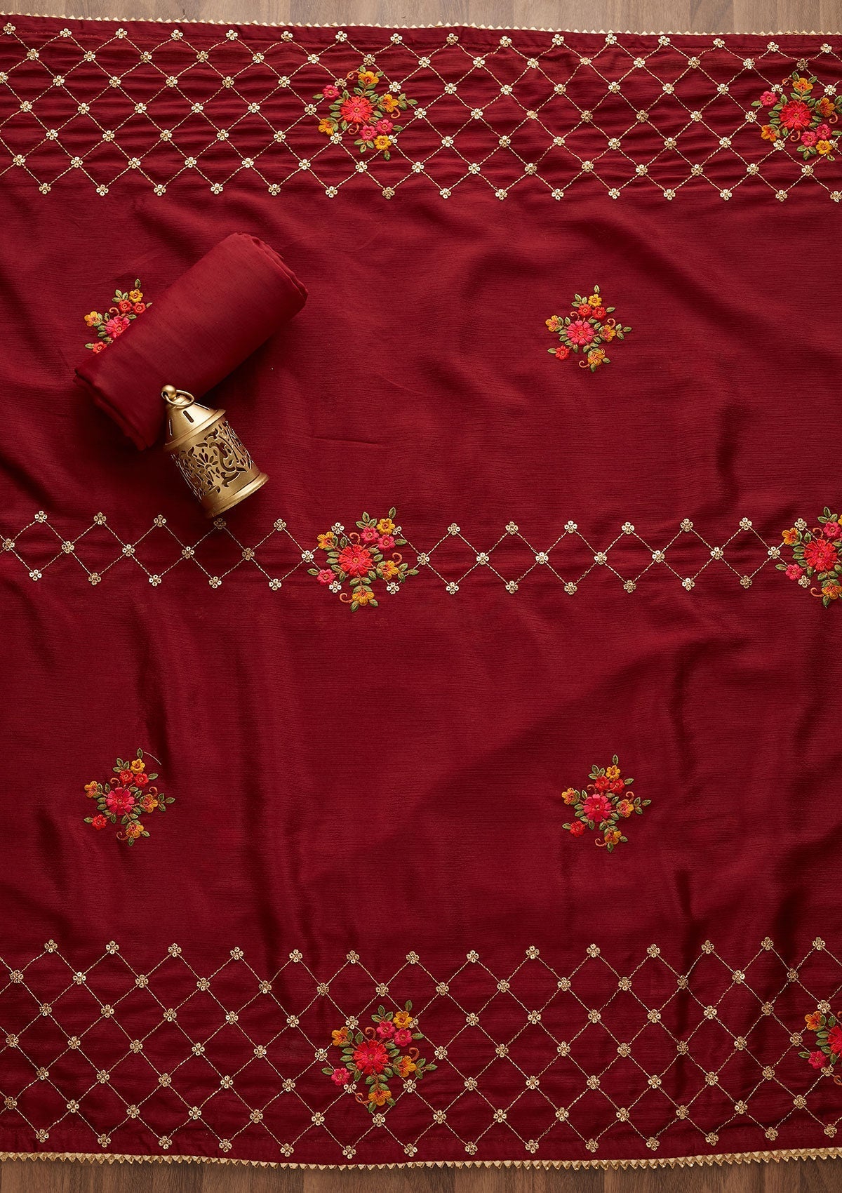 Maroon Sequins Chanderi Designer Unstitched Salwar Suit - Koskii