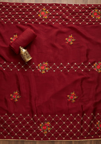 Maroon Sequins Chanderi Designer Unstitched Salwar Suit - Koskii