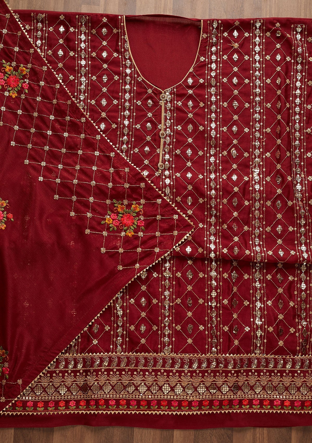 Maroon Sequins Chanderi Designer Unstitched Salwar Suit - Koskii