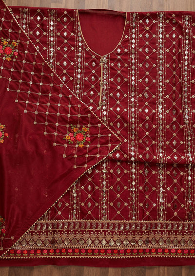 Maroon Sequins Chanderi Designer Unstitched Salwar Suit - Koskii