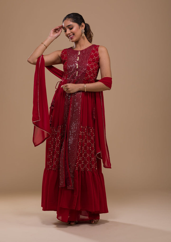 Maroon Sequins Georgette Readymade Salwar Kameez-Koskii