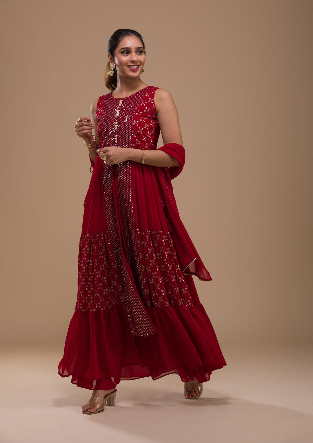 Maroon Sequins Georgette Readymade Salwar Kameez-Koskii