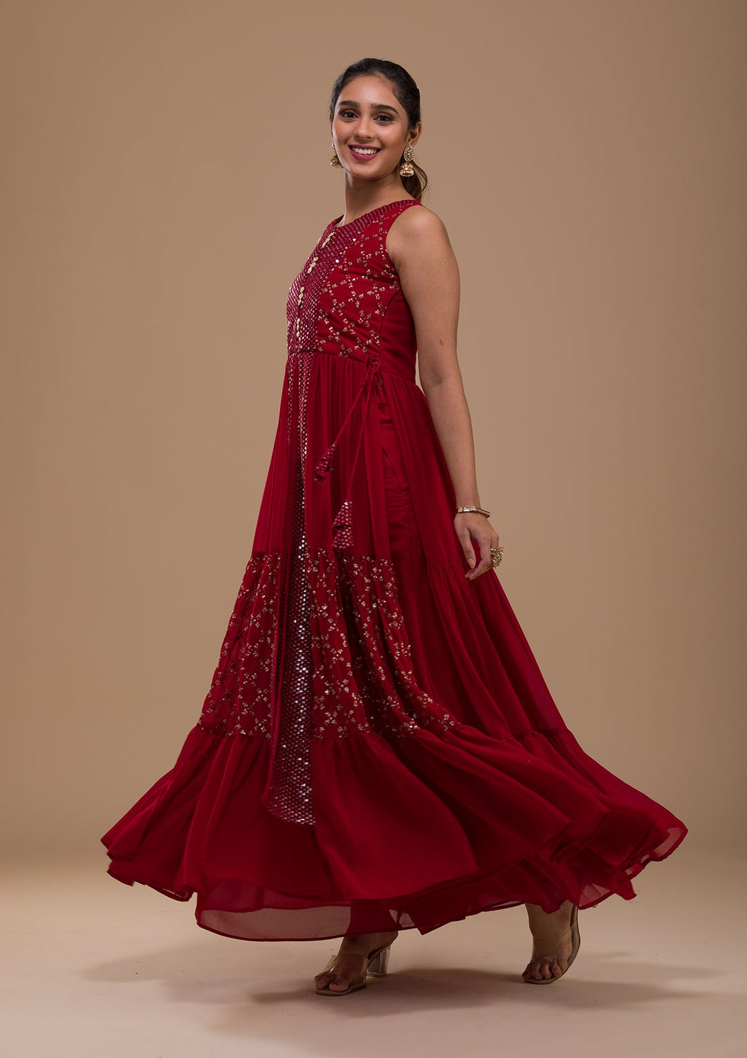 Maroon Sequins Georgette Readymade Salwar Kameez-Koskii