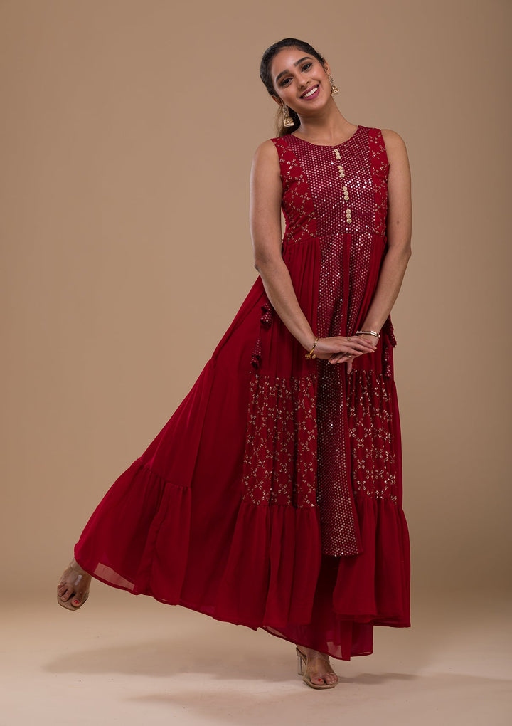 Maroon Sequins Georgette Readymade Salwar Kameez-Koskii