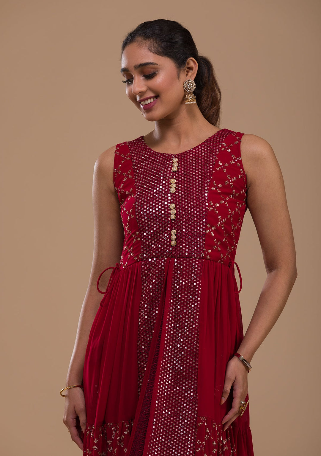 Maroon Sequins Georgette Readymade Salwar Kameez-Koskii