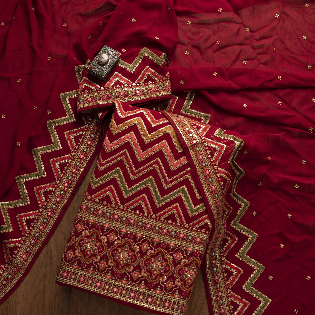 Maroon Sequins Georgette Designer Unstitched Salwar Suit - koskii