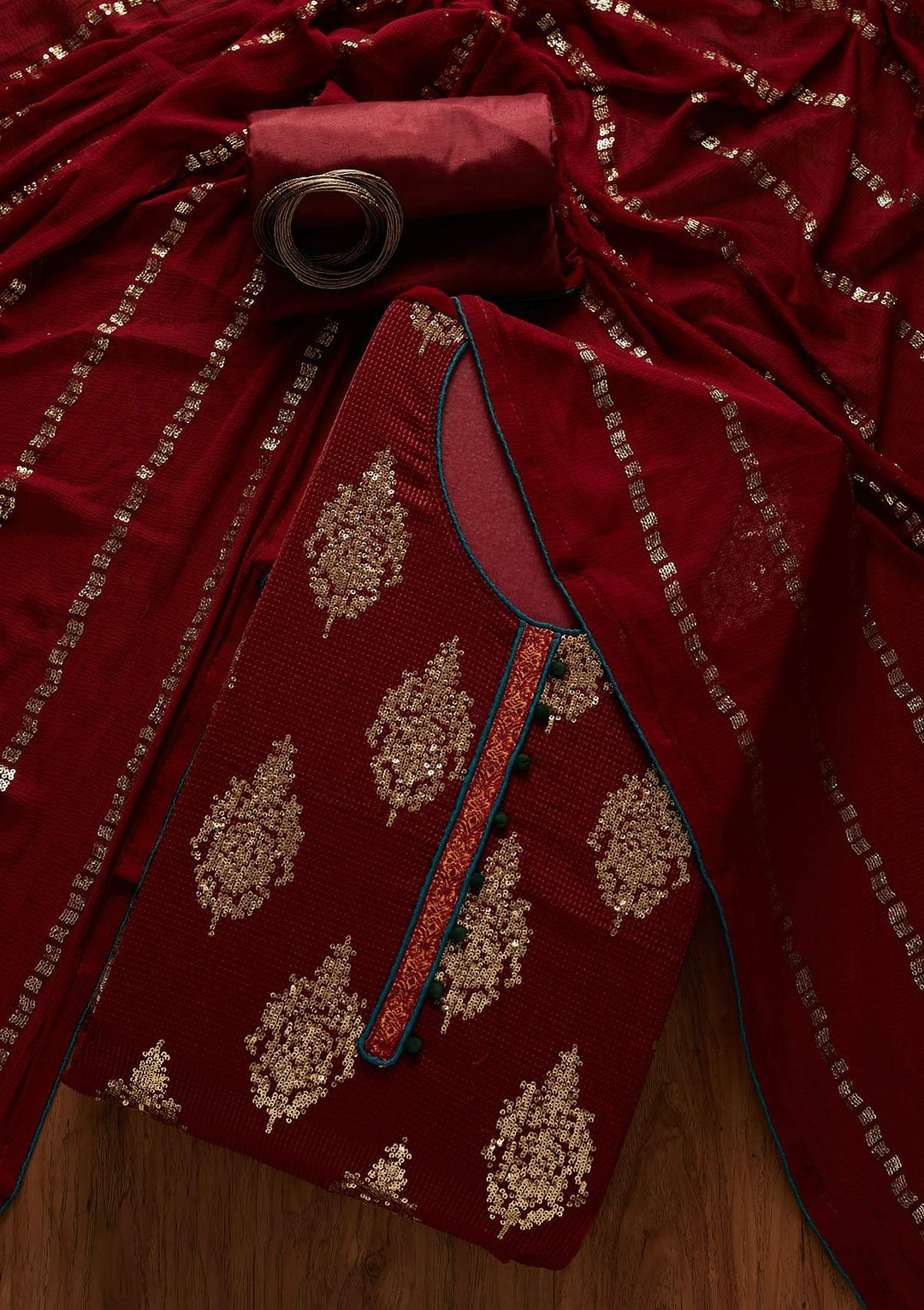 Maroon Sequins Georgette Designer Unstitched Salwar Suit - koskii