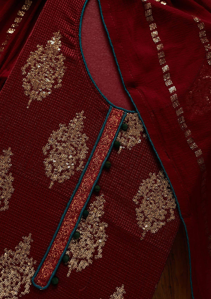 Maroon Sequins Georgette Designer Unstitched Salwar Suit - koskii