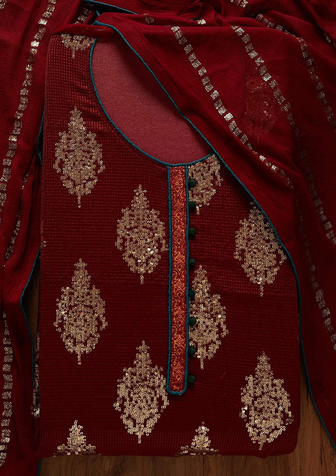 Maroon Sequins Georgette Designer Unstitched Salwar Suit - koskii