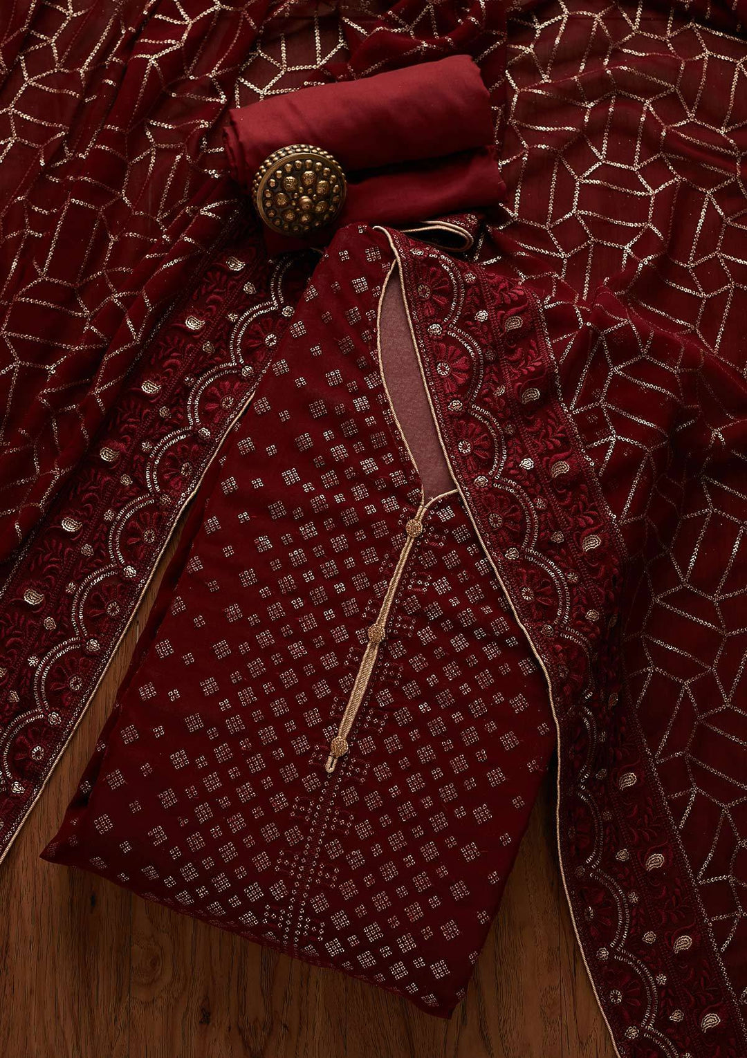 Maroon Sequins Georgette Designer Unstitched Salwar Suit - Koskii