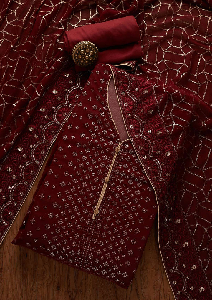 Maroon Sequins Georgette Designer Unstitched Salwar Suit - Koskii