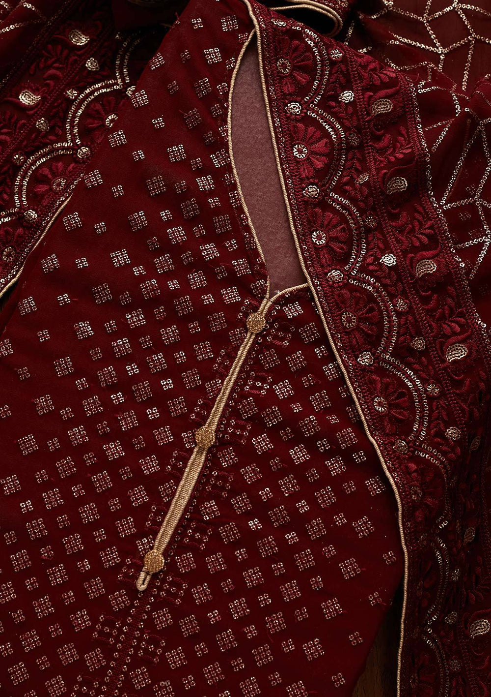 Maroon Sequins Georgette Designer Unstitched Salwar Suit - Koskii