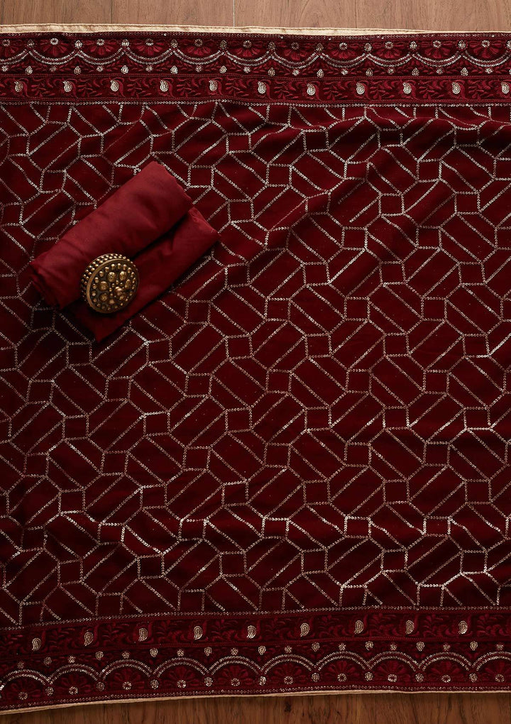Maroon Sequins Georgette Designer Unstitched Salwar Suit - Koskii