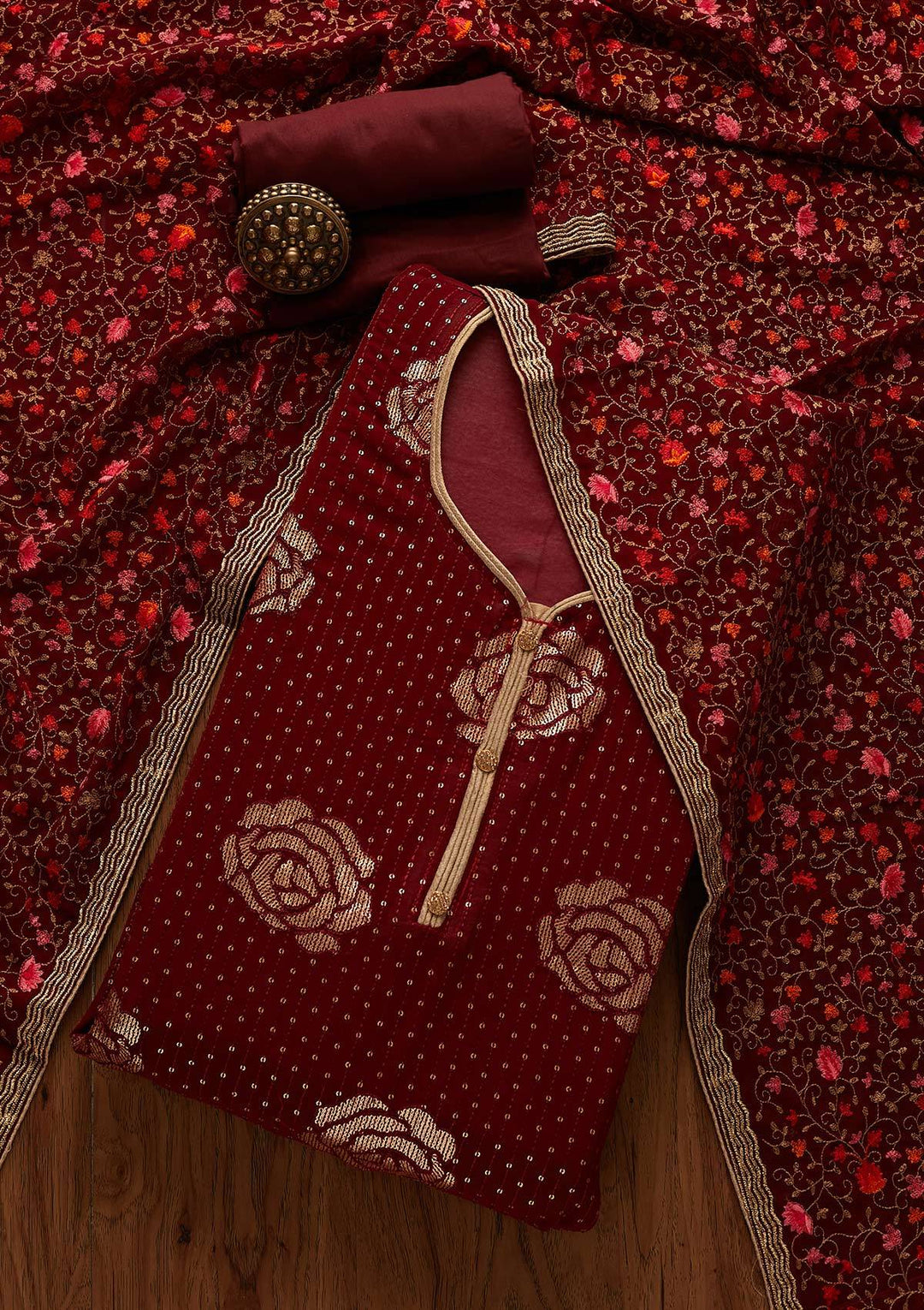Maroon Sequins Georgette Designer Semi-Stitched Salwar Suit - Koskii
