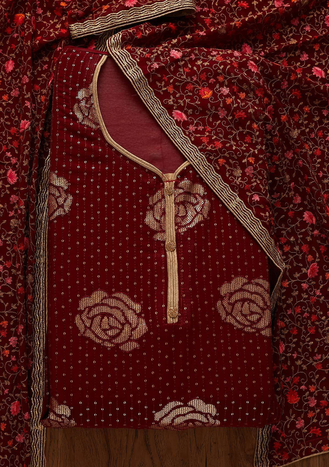 Maroon Sequins Georgette Designer Semi-Stitched Salwar Suit - Koskii