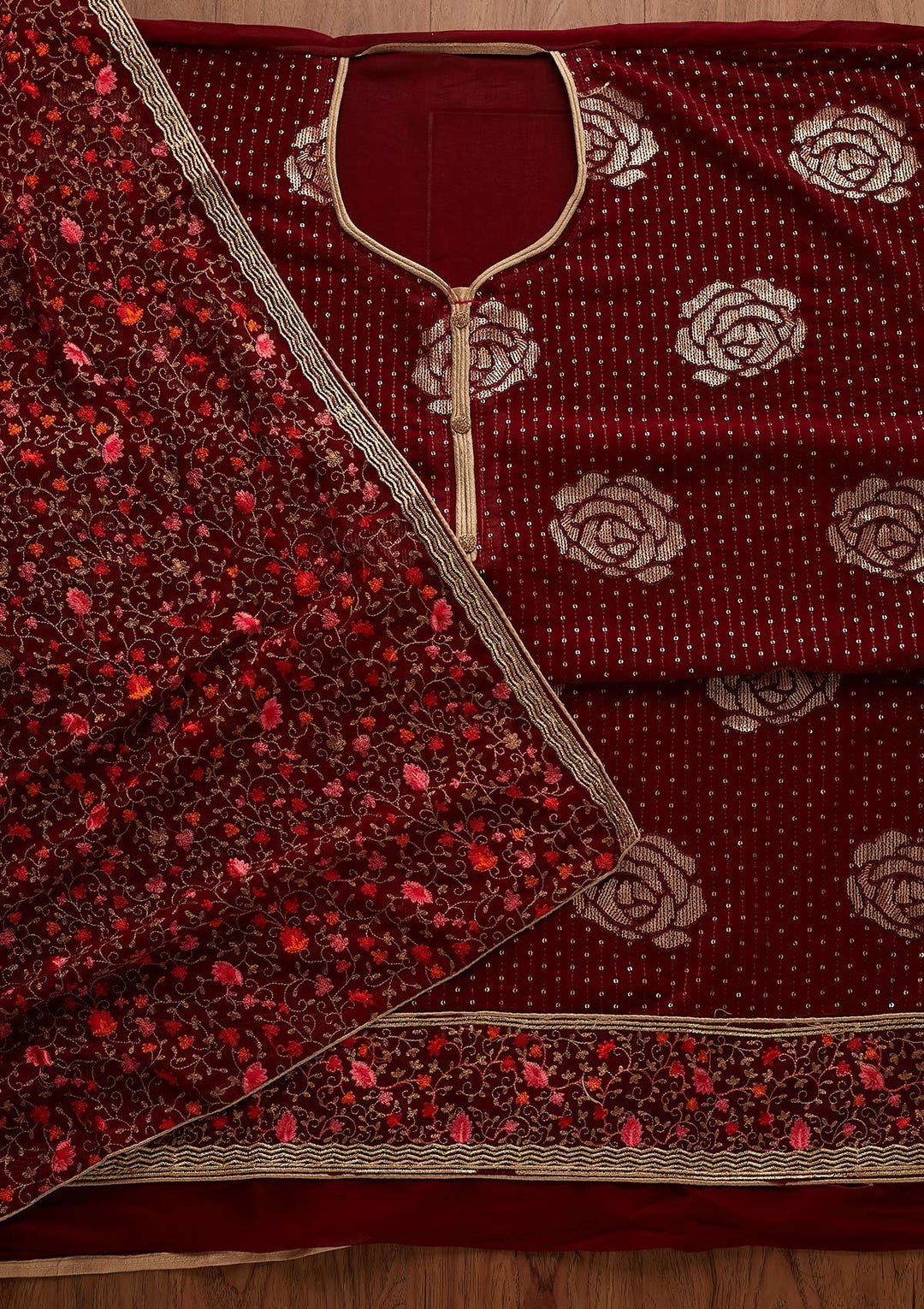 Maroon Sequins Georgette Designer Semi-Stitched Salwar Suit - Koskii
