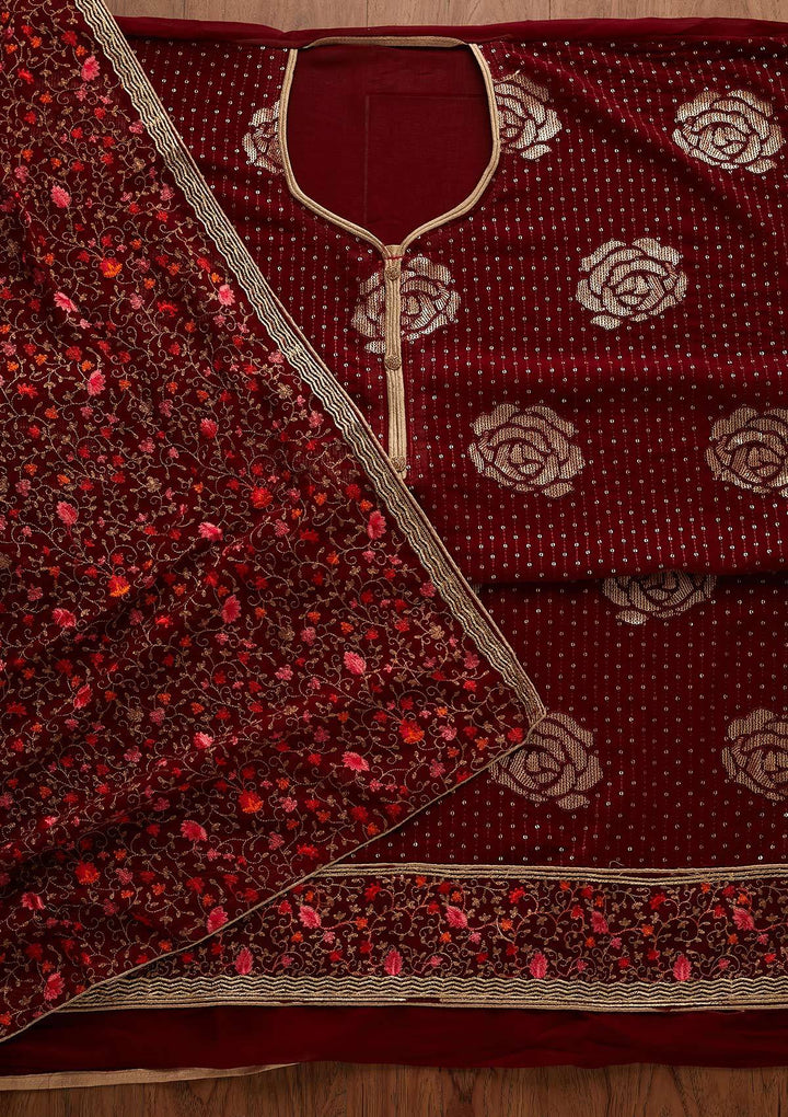 Maroon Sequins Georgette Designer Semi-Stitched Salwar Suit - Koskii