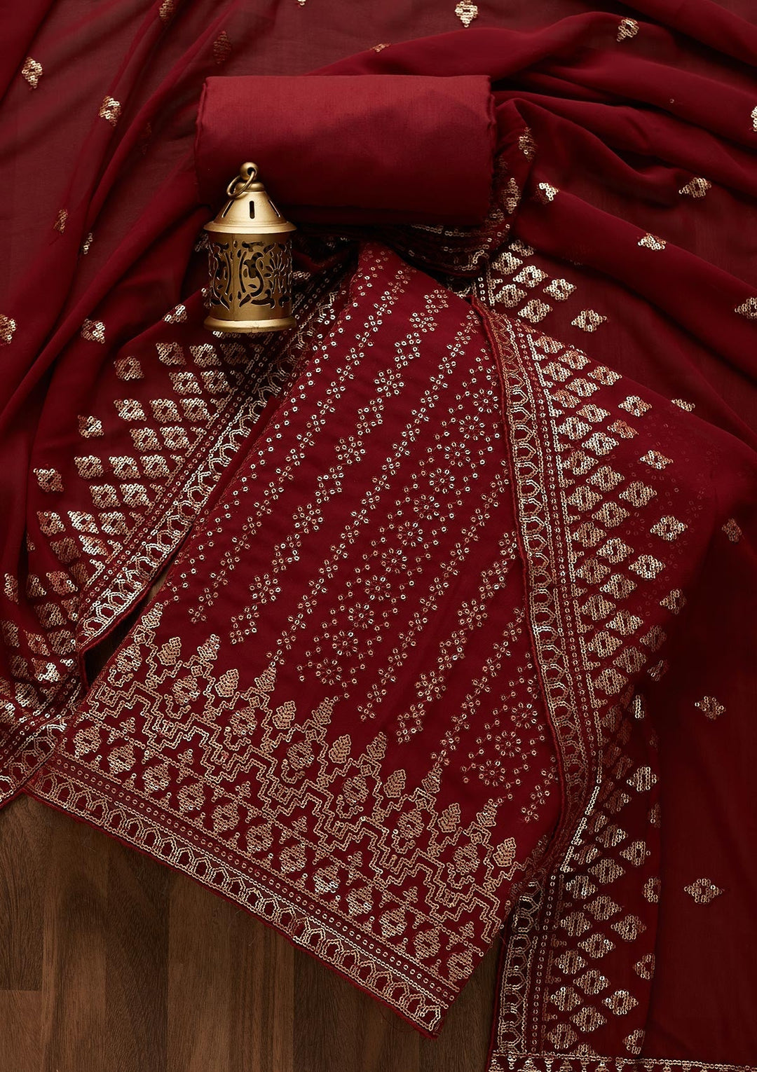 Maroon Sequins Georgette  Unstitched Salwar Suit- Koskii