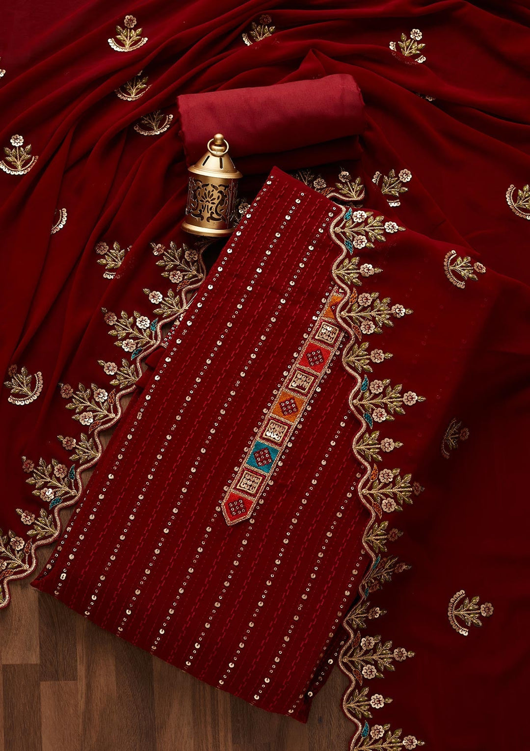 Maroon Sequins Georgette Designer Unstitched Salwar Suit - Koskii