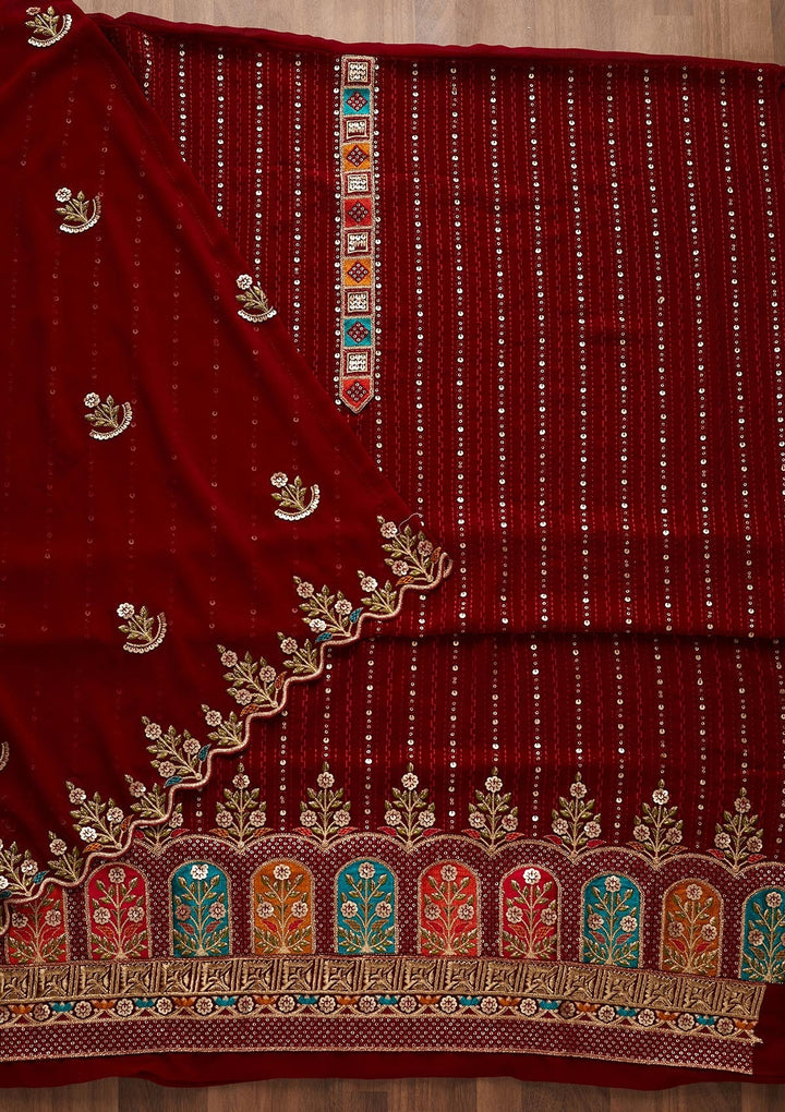 Maroon Sequins Georgette Designer Unstitched Salwar Suit - Koskii