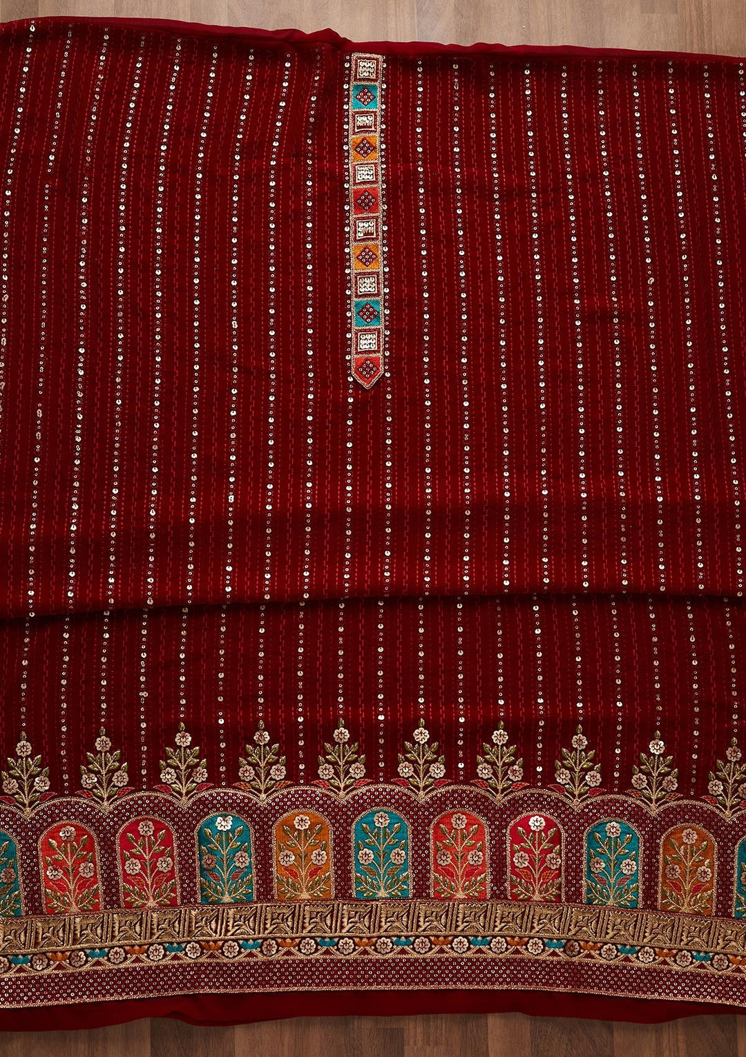 Maroon Sequins Georgette Designer Unstitched Salwar Suit - Koskii