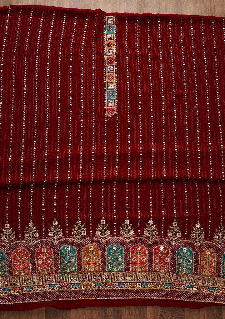 Maroon Sequins Georgette Designer Unstitched Salwar Suit - Koskii