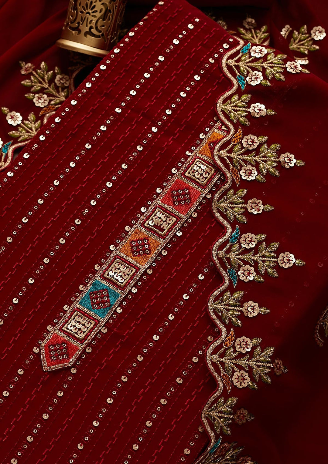Maroon Sequins Georgette Designer Unstitched Salwar Suit - Koskii