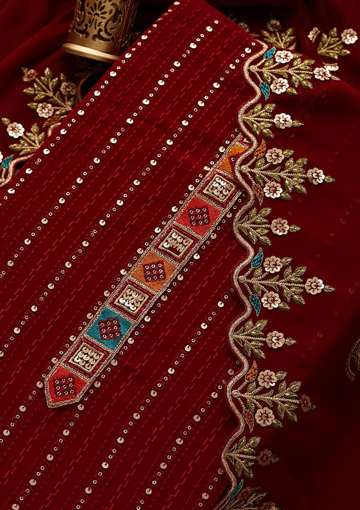 Maroon Sequins Georgette Designer Unstitched Salwar Suit - Koskii