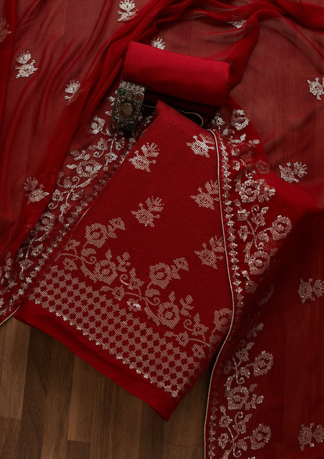 Maroon Sequins Georgette Unstitched Salwar Suit-Koskii