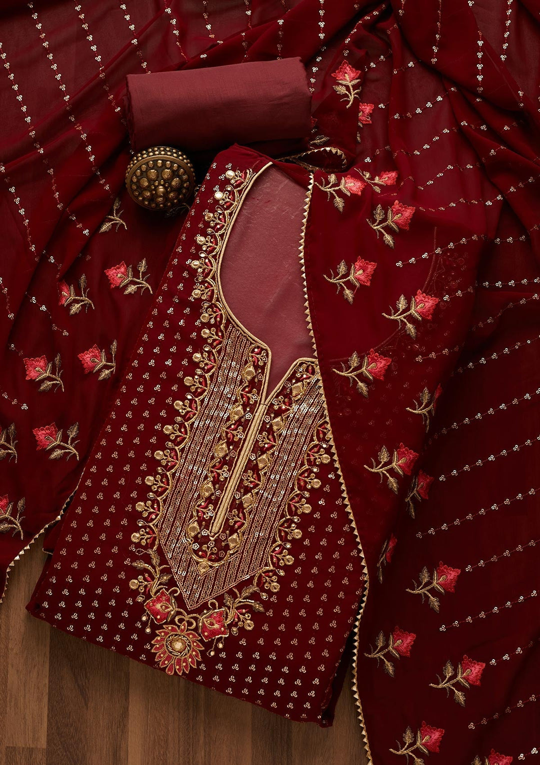 Maroon Sequins Georgette Unstitched Salwar Suit-Koskii